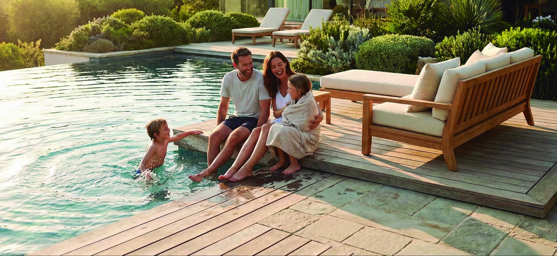 Família relaxando à beira da piscina no Ópera Campinas