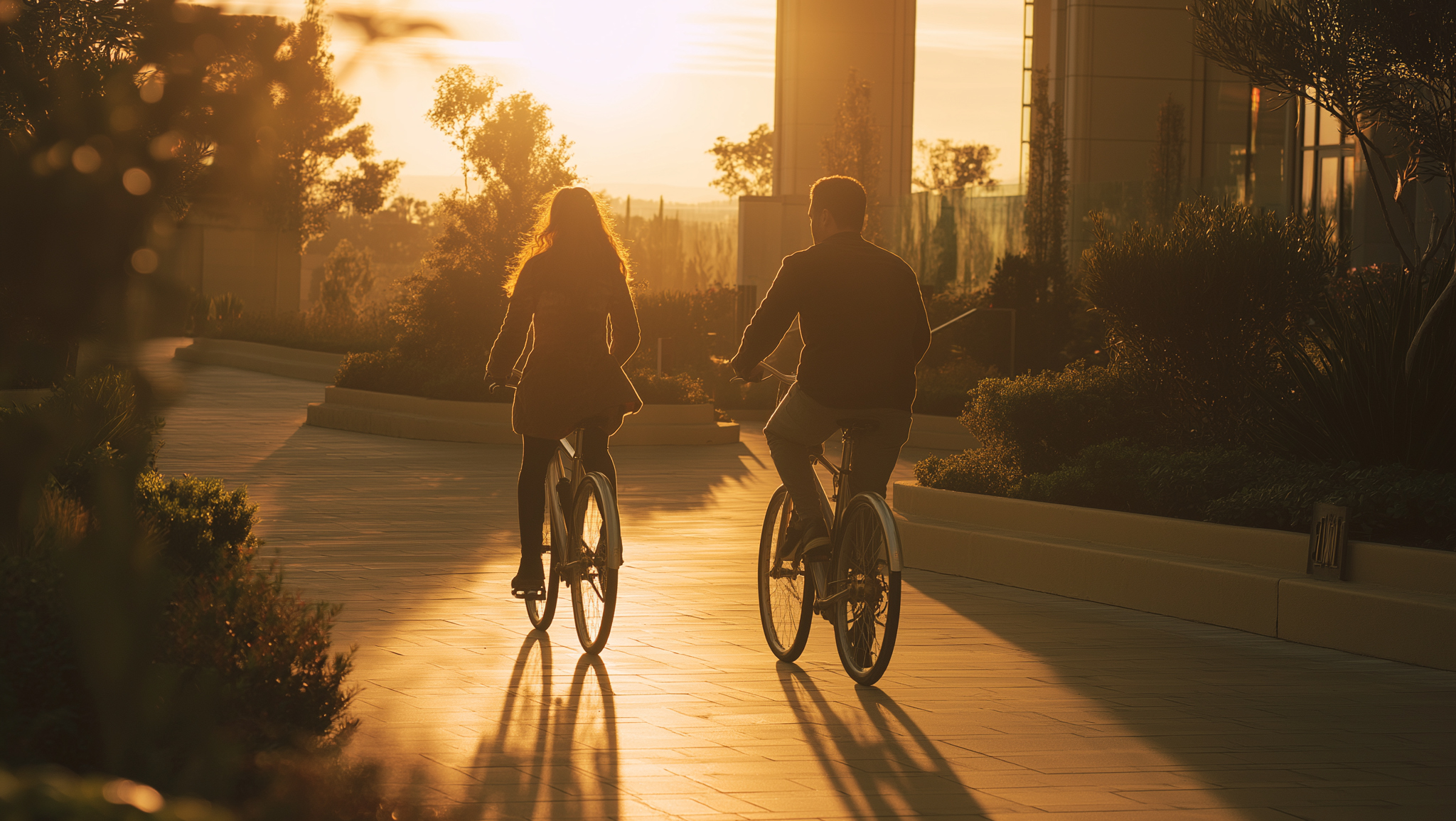 Casal pedalando ao pôr do sol